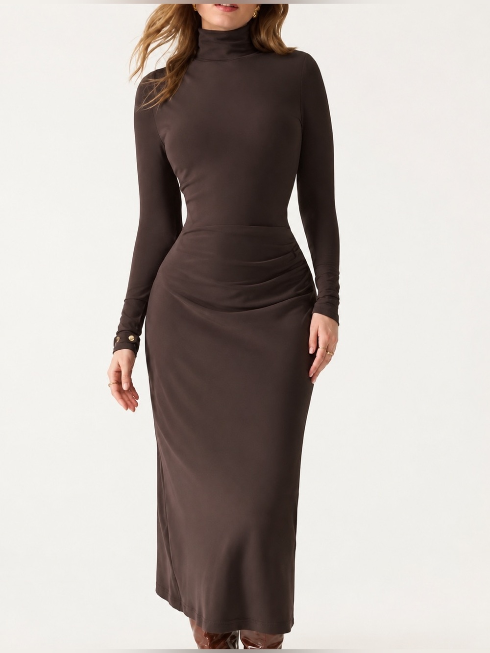 NWT OGL Eco-Move Brown Ruched Long Sleeve Maxi Dress XS